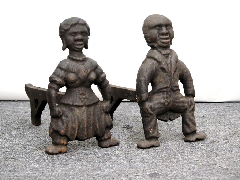 Haitian Style Cast Iron Figurative Andirons: 16" H X 20.5" D. (Estate of Dr. Daniel Lovette, Camp Hill, PA)