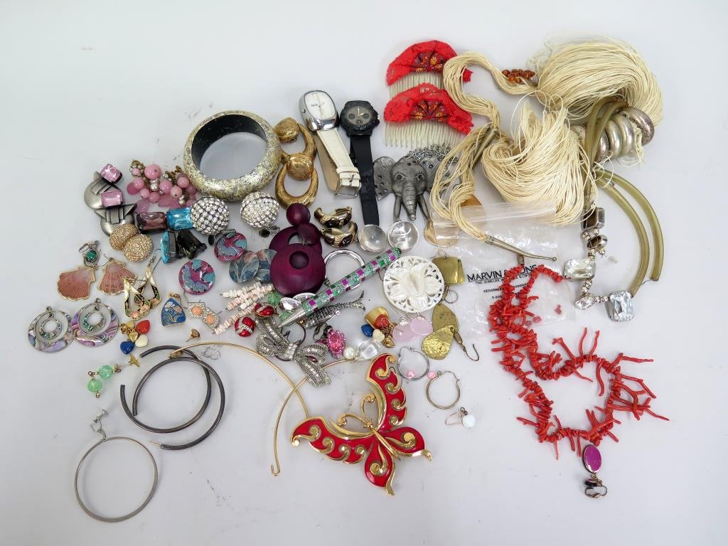 Assorted Costume Jewelry & Watches: Brands including Boss, Peugeot, and Trifari; together with with a branch coral necklace (as is).