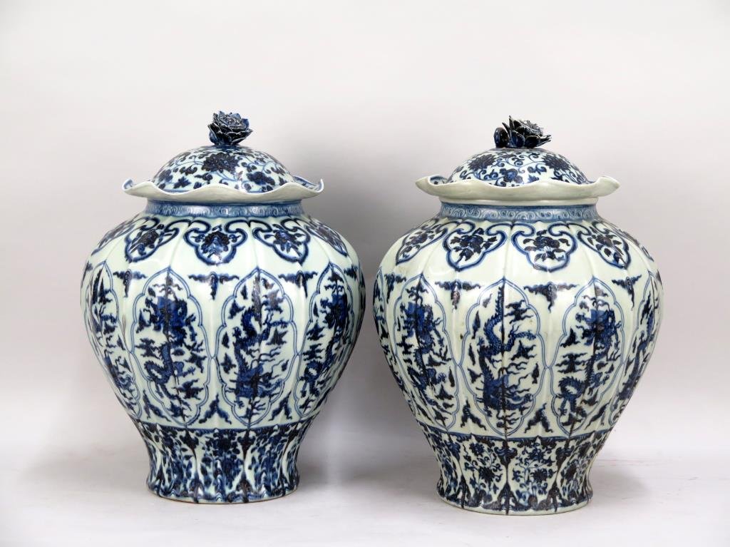 Pair Large Yuan Style Porcelain Jars & Covers (1 of 10)