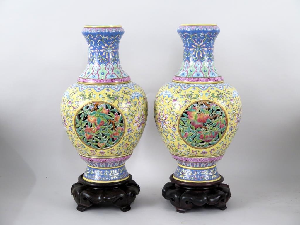 Pair Chinese Famille Rose Revolving Vases (1 of 10)