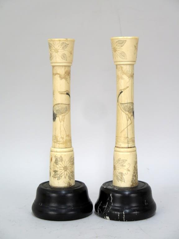 Pair Japanese Carved Bone Candlesticks: With incised cranes and blooms. 9.7 H (including adhered 1.75" base). (Estate of Dr. Daniel Lovette, Camp Hill, PA)"