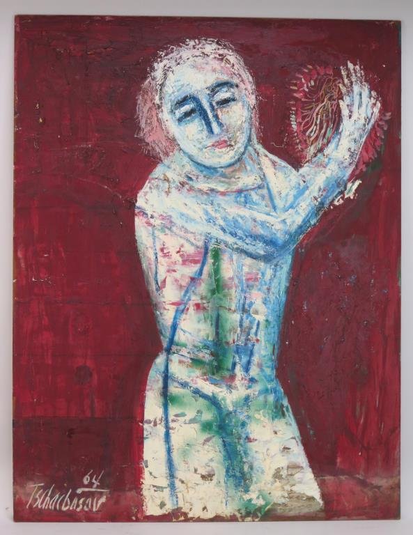 Nahum Tschacbasov (Russian/American, 1899-1994): Study of a woman, signed and dated 64 lower left, oil on masonite. 48 H X 37" W. (From a Manhattan Estate)"