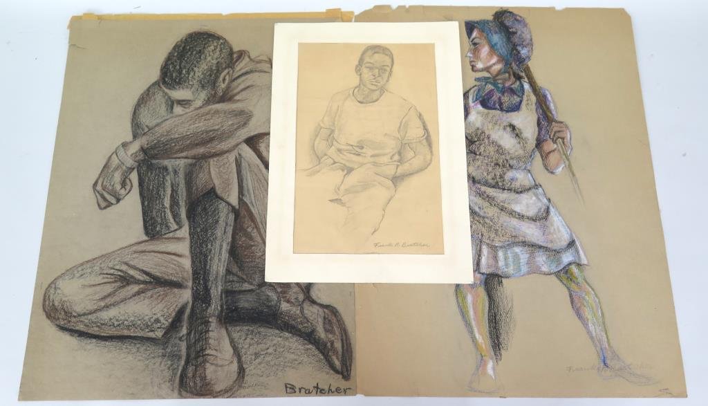 Signed Frank Bratcher- 3 Portraits: 2 African-American men, 1 woman in bonnet, media including graphite, pastel, and charcoal on paper. Largest: 24 H X 18" W. (Estate of Dr. Daniel Lovette, Camp Hill, PA)"