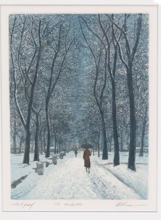 Harold Altman (American, 1924-2003)- Aquatint: The Umbrella," signed lower right, artists proof. 12.75" H X 9.75" W (21.5" X 17.25")."