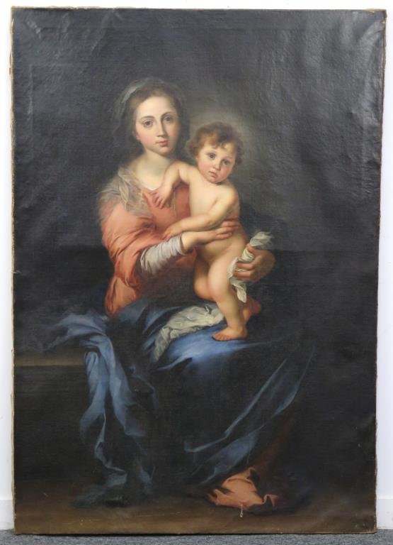 Antique Oil on Canvas - Madonna and Child: 18th or 19th Century painting. Slight condition issues as photographed. Sir W. (William) Geary" (An English Politician) on back of canvas, perhaps a former owner. 61" H X 42.5" W. As is. (377 Rector P