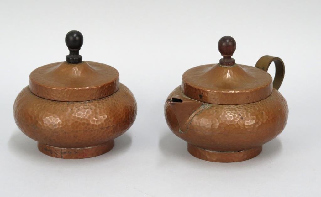 Jos Heinrich Mixed Metal Creamer and Sugar: Pure copper on Sterling Silver. Hammered Arts & Crafts. (Estate of Dr. Daniel Lovette, Camp Hill, PA)