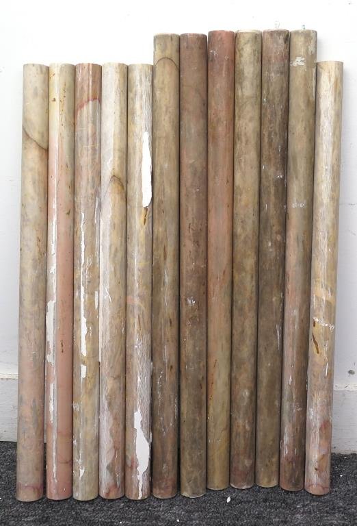 12 Tan and Brown Marble Rods: Some with plaster damage. 1.5dia (thickest) X 22.5""