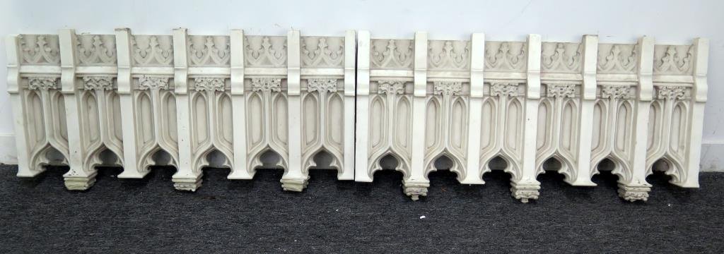 Pair Carved Marble Railings / Valances: Gothic style with square floral forms and carved drop finials. As is. 37.5W X 3.5"D X 18"H"