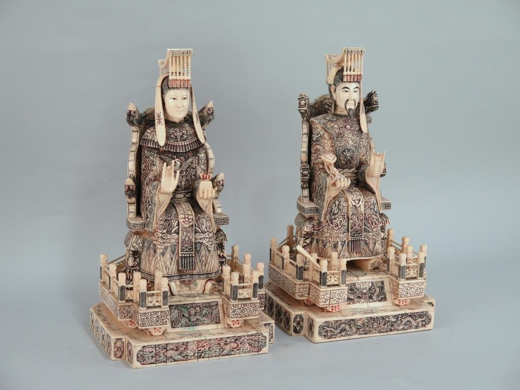 Pair of Chinese Ancestral Portrait Carvings: Carved, incised, and painted bone of seated figures in throne chairs. Signed on bases. 10.5W X 10"D X 18"H"