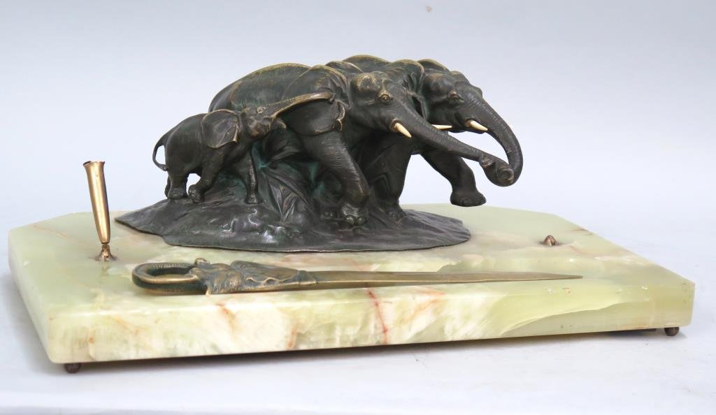 Green Onyx Desk Set With Bronze Elephants (1 of 7)