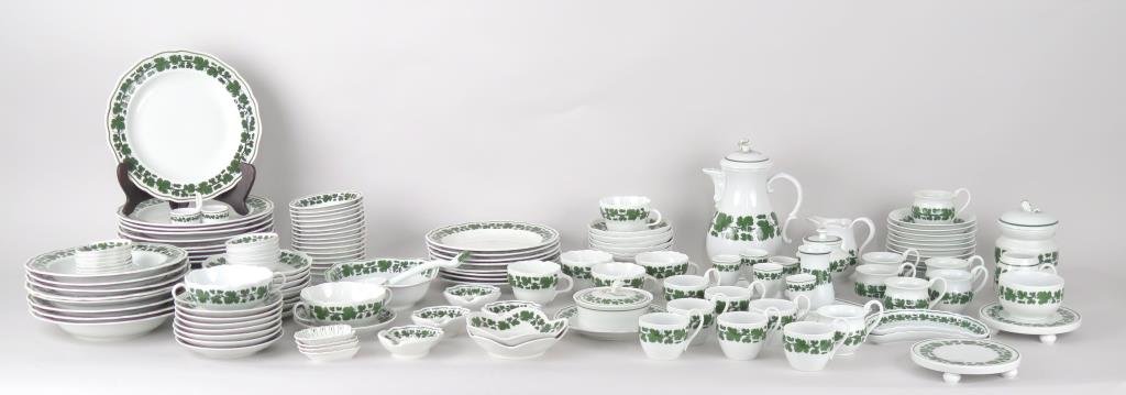 100+ Piece Meissen Dinner Service: Plates and bowls complete for 8, with many extras and numerous serving pieces including tureens, platters, trivets, egg cups, etc., all marked on bottom. Largest platter: 18 W; largest tureen: 10.5" H