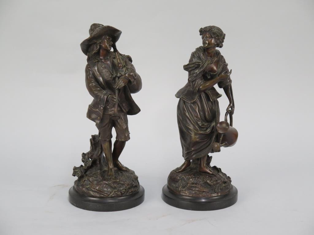 Emile Victor Blavier (French) - Pair Bronzes: Man with bagpipe and woman with pitcher [in two parts]. Both signed. On marble bases. 6D X 11.5"H. (From an East Hampton Estate)"