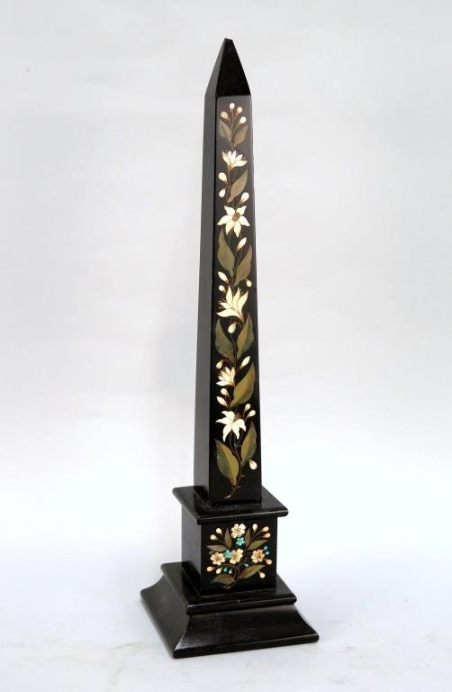 Intarsia Inlaid Marble Obelisk: As is. 5 sq. x 20"H. (From an East Hampton Estate)"