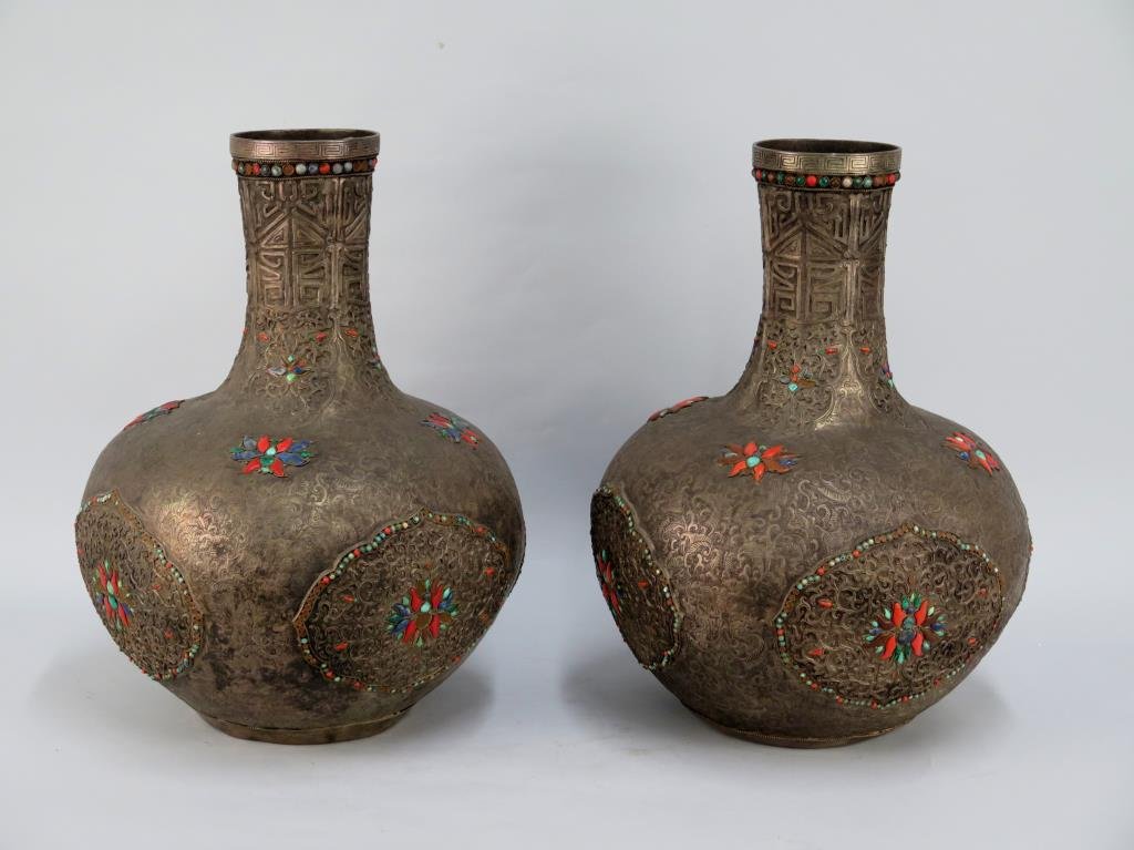 Pair Burmese Style Large Bottle Neck Vases (1 of 5)