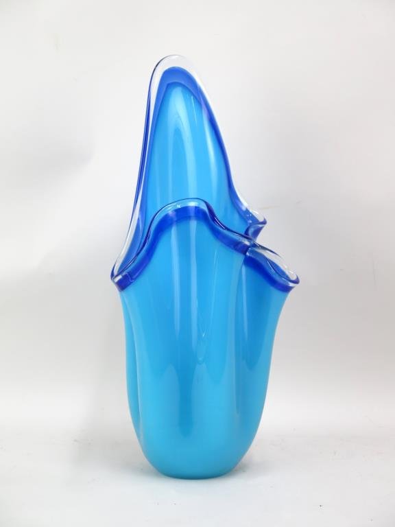 Tall Camer Glass Vase: Cased blue glass with handkerchief style mouth. 24 H."