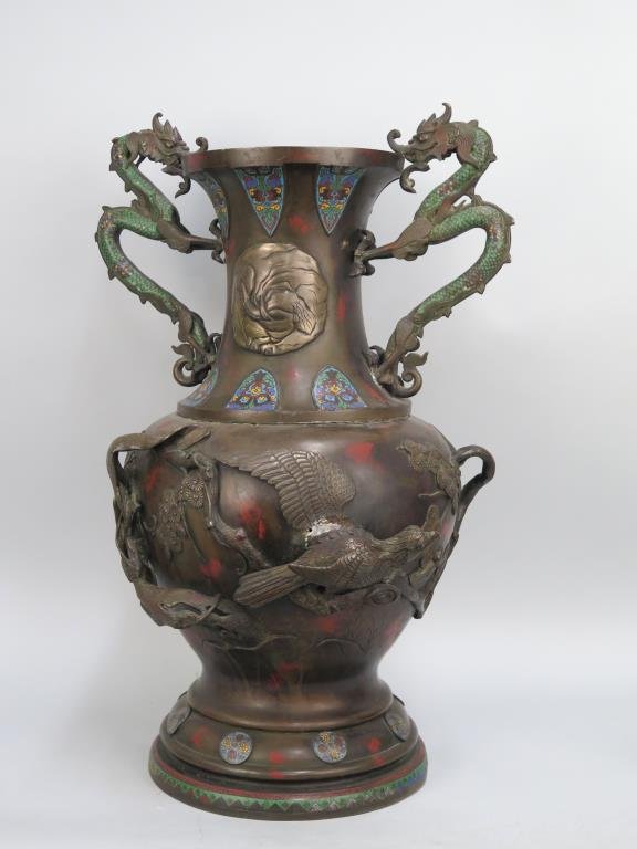 Tall Chinese Style Bronze Cloisonne Urn (1 of 9)
