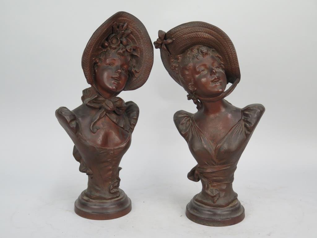 Pair Bronzed Metal Art Nouveau Metal Busts (1 of 7)