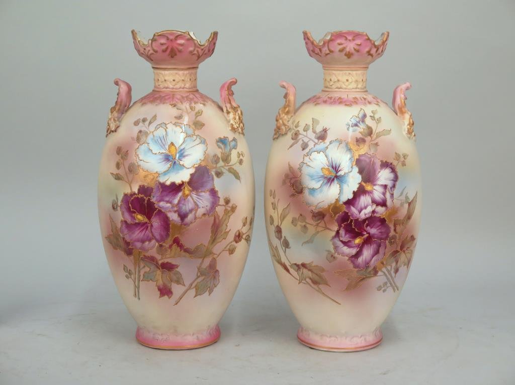 Pair Scallop-Neck Royal Bonn Vases: With floral designs. Stamped and numbered. 7.5D X 15"H"