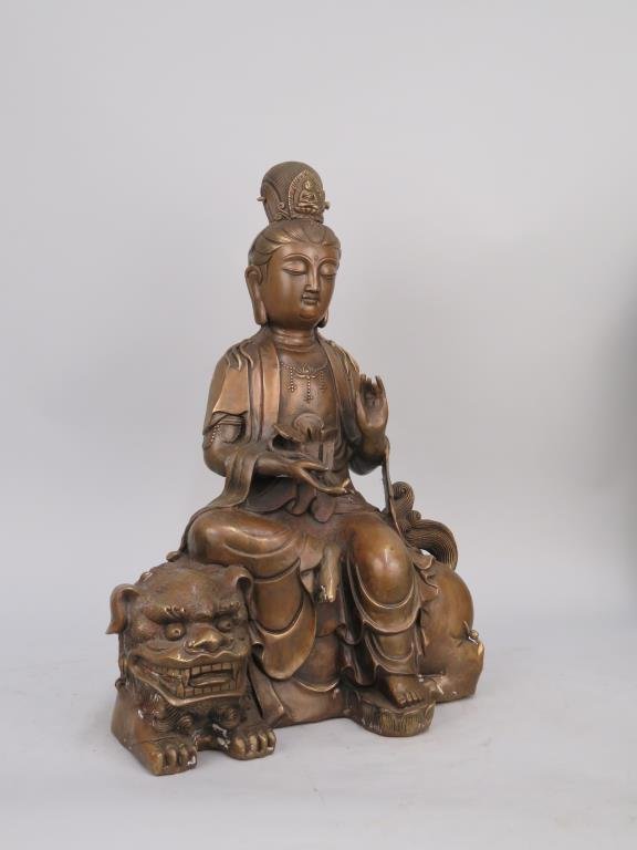 Bronze Chinese Bodhisattva Seated Atop Foo Lion (1 of 9)