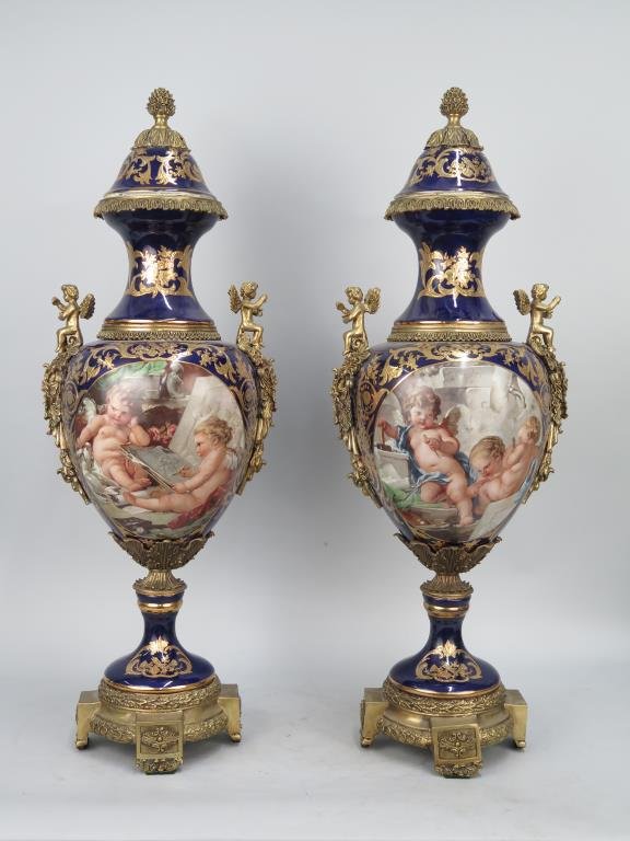 Pair of Tall Sevres Style Covered Vases (1 of 10)