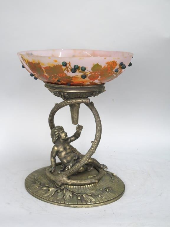 Daum Nancy Style Decorative Bowl: Signed on underside of bowl with fruit and leaf designs. On brass base with putto reaching toward stem. Brass cup supporting bowl is loose. As is. 13W X 11"D X 16"H"