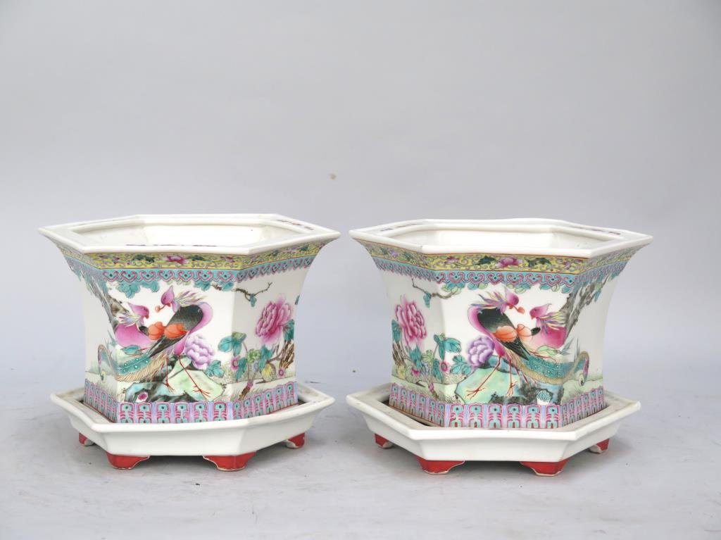 Pair Chinese Porcelain Hexagonal Planters (1 of 8)
