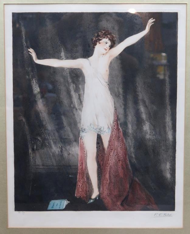 Signed P. E. Felix - Lithograph: Art Deco semi-nude woman. Signed lower right. Numbered. 17 X 14" (26" X 22"). (From an East Hampton Estate)"