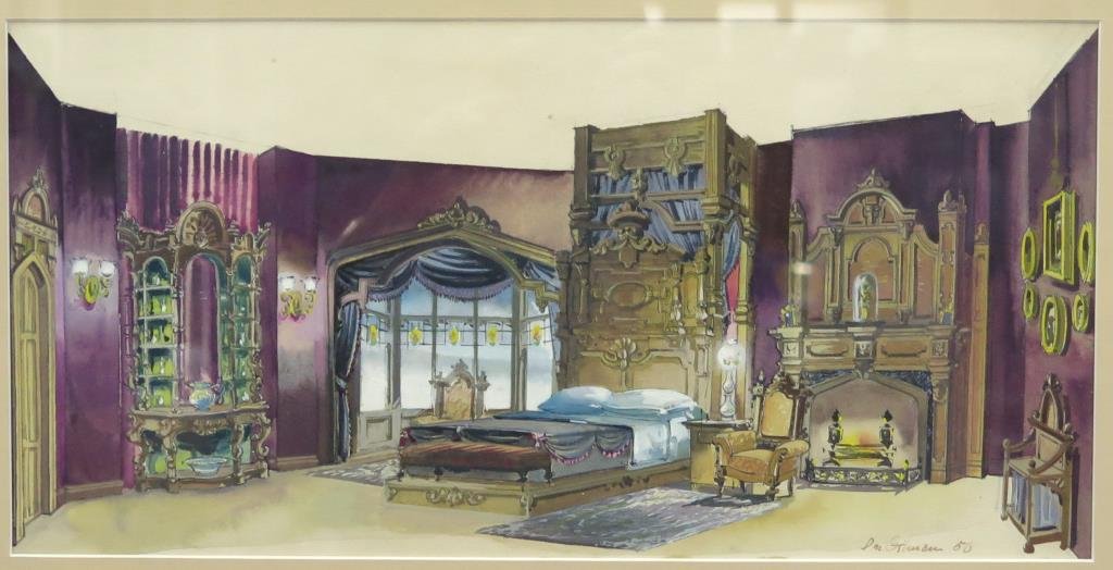 Don Griman -Watercolor on Paper: Study of a mansion bedroom. SLR & dated 1950. Provenance: Tepper Galleries. 8 X 16.5" (17" X 25") (From an East Hampton Estate)"