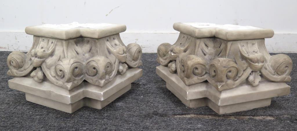 Two Marble Partial Cornices as Capitals: With floral figures on marble base. One partially unhinged. 10"W X 10"D X 8.5"H