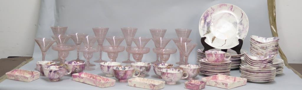 Glass Stemware and Porcelain Dinner Set: 5 tall, 9 medium, 5 sorbets. Porcelain service for 10, marked Goulais on bases. Tallest glass: 7.5"H. Plate width: 11"W