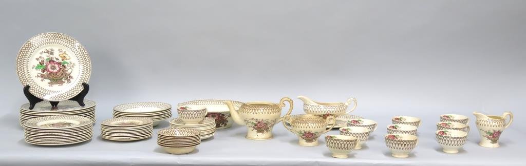 40+ Dinner Service Myott Son & Co. (As Is): Bone china plates and ceramic teapot and sugar bowl. All with decorative floral spray. Some pieces have significant stains and others display cracks. Largest dinner plate: 10"Dia. Bonnie Dundee patter