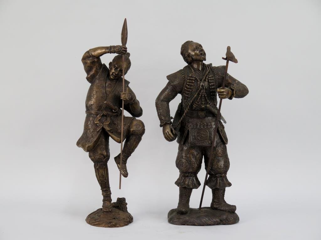2 Japanese Style Bronze Figures: Warrior with a spear and a hunter with a bird. Spear and staff separate. 20"H, approximate.