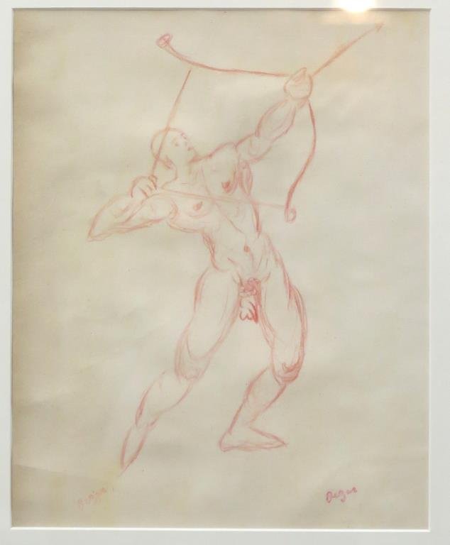 After Edgar Degas- Drawing: Nude archer, stamped lower right, crayon on paper. 11" H X 9" W (18" X 16"). With copy of French export paper. (Estate of Dr. Daniel Lovette, Camp Hill, PA)