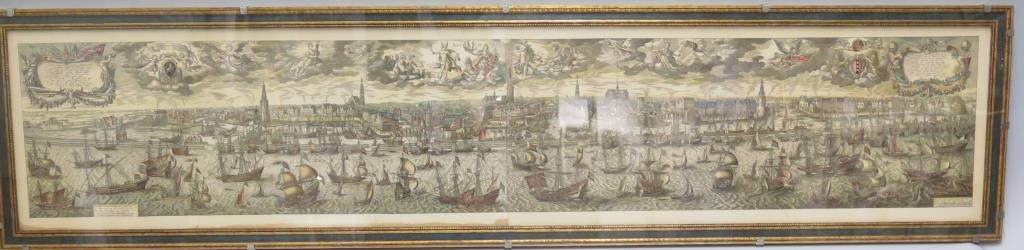 Large Panoramic Colored Etching of a Harbor Scene (1 of 5)