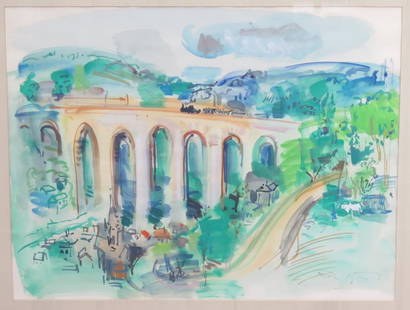 Roger Bertin (France, 1915 - 2003) - Watercolor: Landscape with train, bridge and an abstract rendering of a village. Signed lower right. 25" X 19" (34" X 28.5)