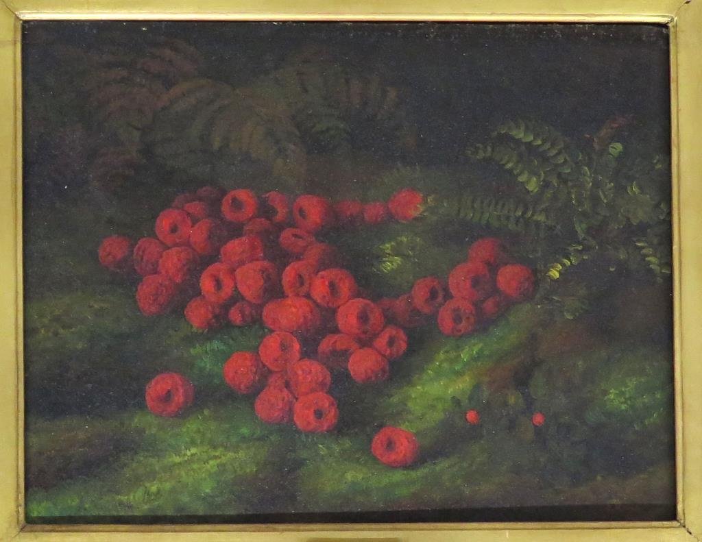 George Henry Hall (1825-1913) - Oil on Canvas: Raspberries in green brush. Signed lower right and dated 1868, and name plate. 10" X 13" (21" X 24") (From a Central Park South Apartment)