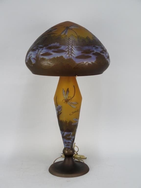Large Galle Style Cameo Glass Lamp: Dragonfly in marsh design, in two parts. 17"D X 31"H