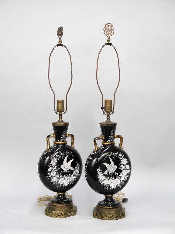 Pair Pat-sur-Pat Porcelain Lamps: Painted birds on front with floral spray on verso. On brass base. 8"W X 6.5"D X 32.5"H (to finial)