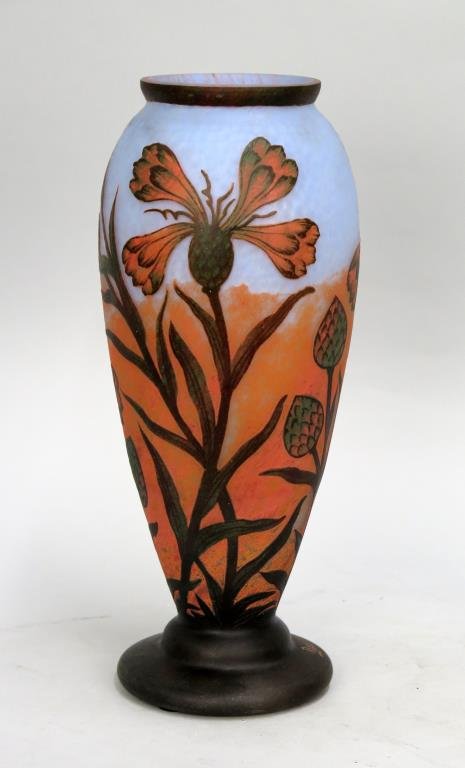 Cameo Glass Vase After Daum Nancy: With orange floral decoration. Signed Daum Nancy on base. 5.5"D X 14"H