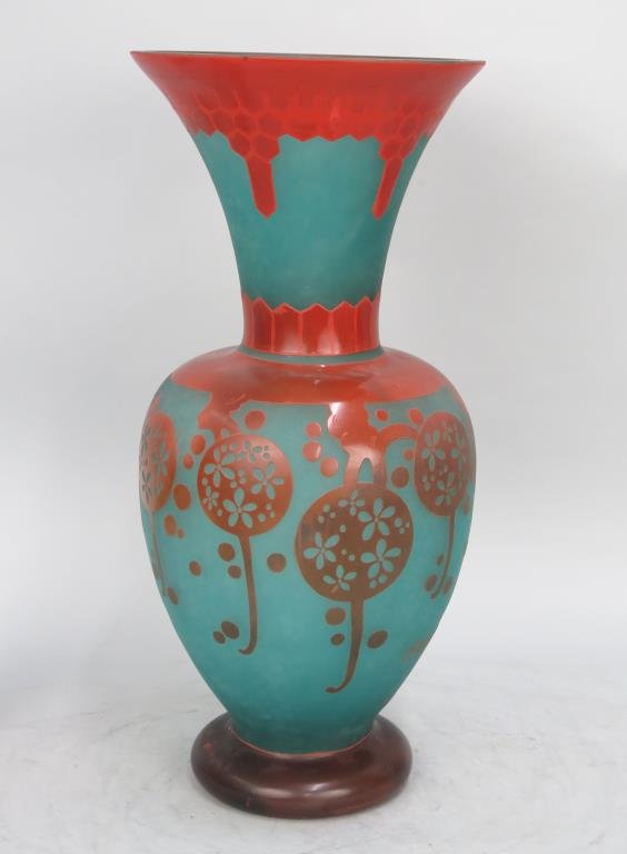 Large Cameo Glass Vase After Charder: Orange enamel over green glass. Some wear to enamel. Scuffs on base. Signed on lower portion of vase. 9.5"Dia. X 21"H