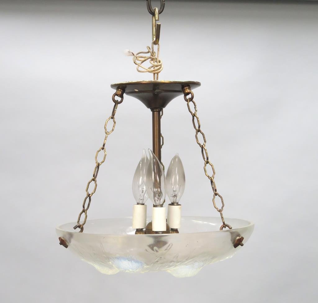 Sabino France Opalescent Glass Fixture: Floral and branch design in molded glass. 12"dia X 11"H. Stamped Sabino France.