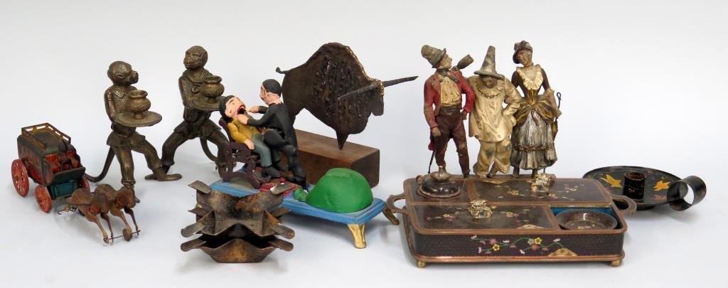 Assorted Vintage and Other Metal Articles: Reproduction tooth-puller bank, figural doorstop, etc. (Estate of Dr. Daniel Lovette, Camp Hill, PA)