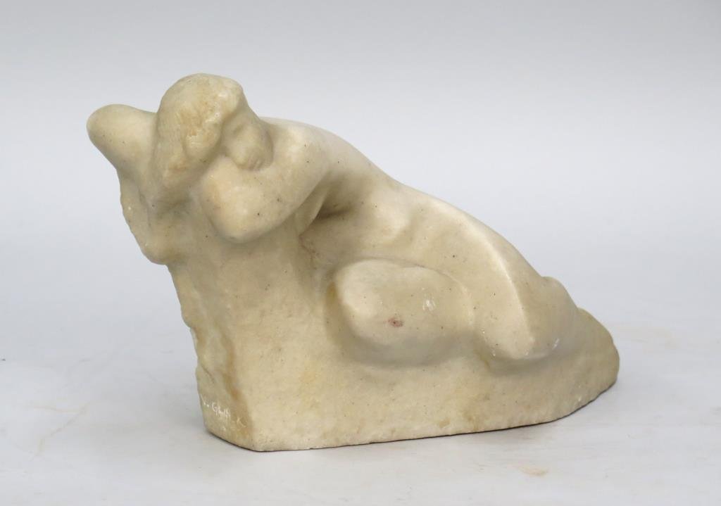 Vincent Glinsky - (Russian, 1895-1975): Marble sculpture of nude reclining woman. Signed on lower front. 11"W X 3.5"D X 7"H. Edgemont NY Home.
