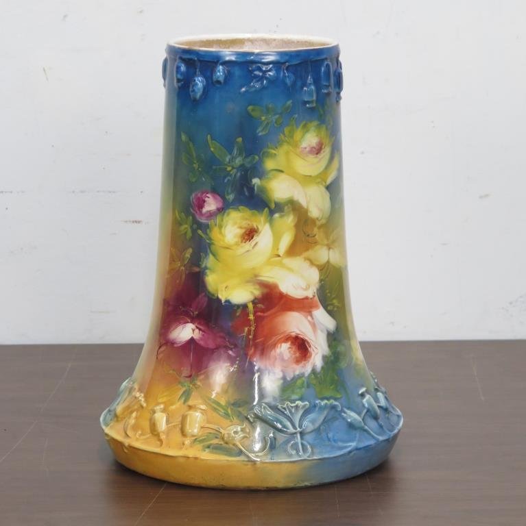Royal Bonn Porcelain Vase: With painted and raised flower design. Marked Royal Bonn Germany on base, numbered blue ink. 9"Dia. X 12"H