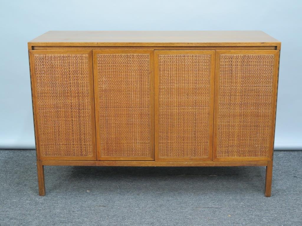 Mid Century Walnut Credenza: Slight scratches on top. Two bi-fold doors. 48"W X 19"D X 32"H