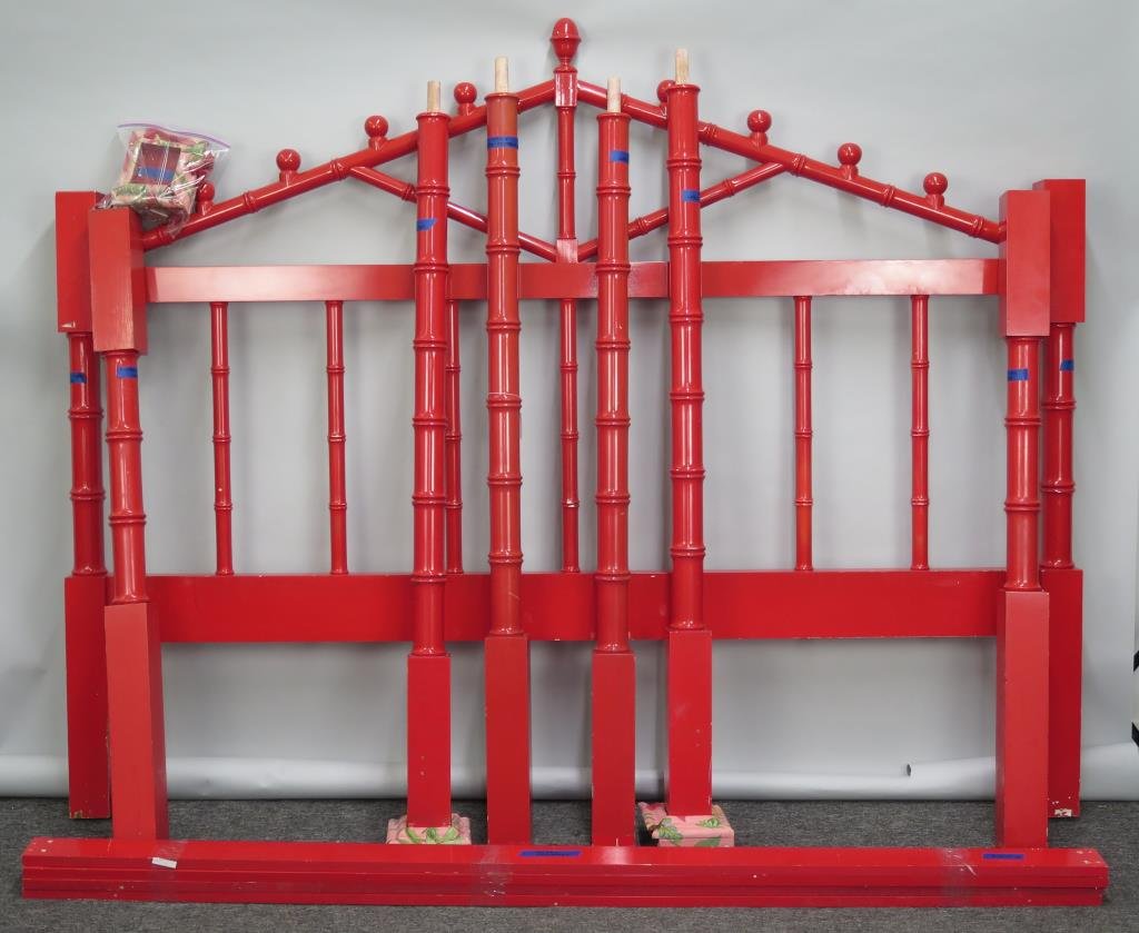 Hollywood Regency Style 4 Poster Bed: Faux bamboo with high headboard. Red lacquered. Upholstered ceiling mounts. Center finial. 87"W headboard. 84" rails. 120" two-part posts.