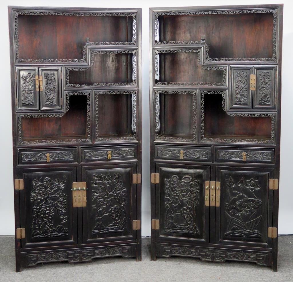 Pair Chinese Hardwood Tall Etagere / Cabinets (1 of 10)