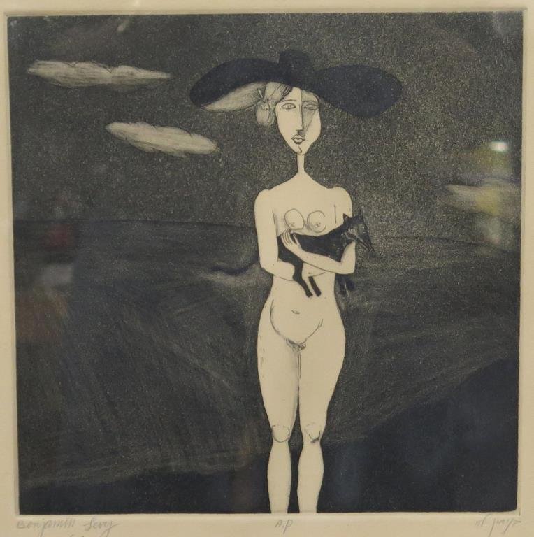 Benjamin Levy (b. 1940) - Etching: Nude woman with hat and dog. Signed lower left. Artists' proof. 10" X 10" (16" X 15") (From an East Hampton Estate)