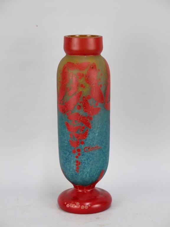 French Style Cameo Glass Vase: Butterflies on two-tone glass. Signed Charder. 6"D X 20.5"H