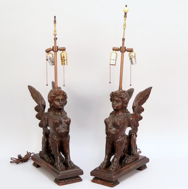 Pair of Oak Carved Figural Lamps (1 of 7)